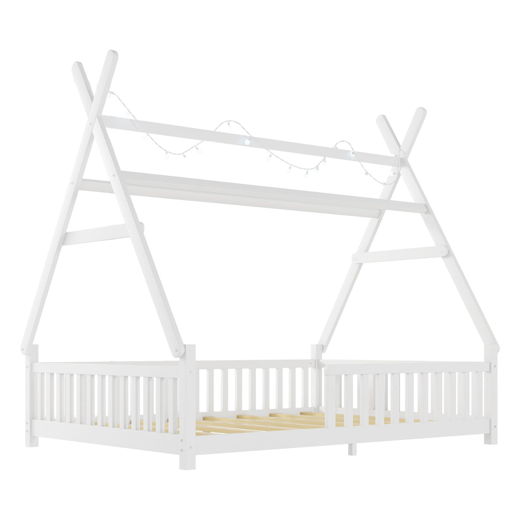 Full House Bed with Light, Low Floor House Bed with Fence and Roof for Kids Boys Girls,White(Expect arrive date 2025/7/20)