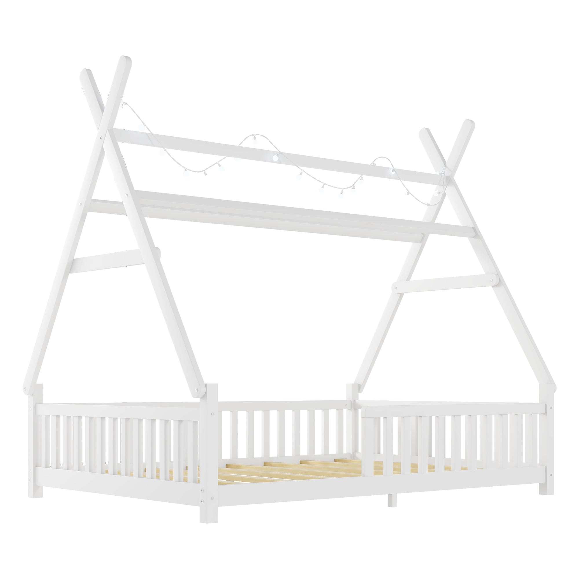 Full House Bed with Light, Low Floor House Bed with Fence and Roof for Kids Boys Girls,White(Expect arrive date 2025/7/20)