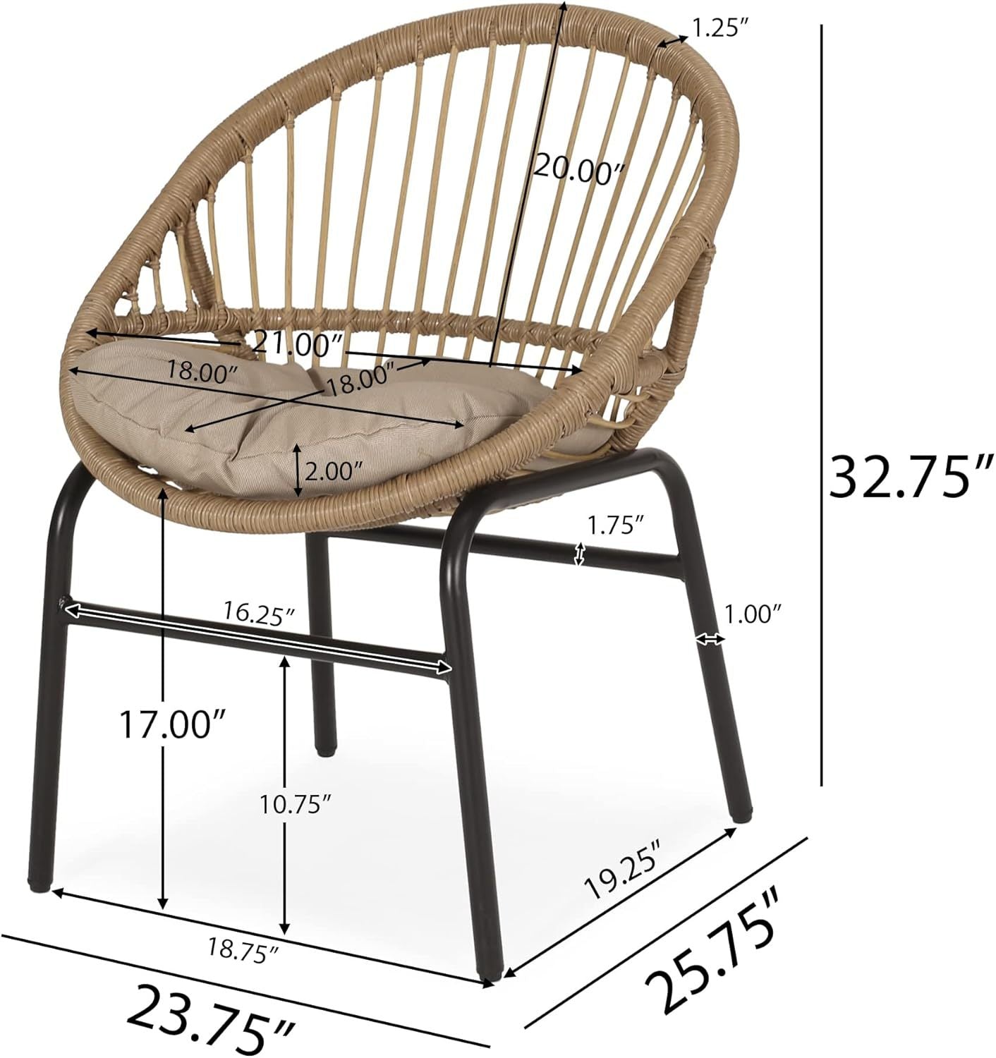 Outdoor Accent Chair with Curved Back and Basket Frame, Set of 2, Light Brown and Beige