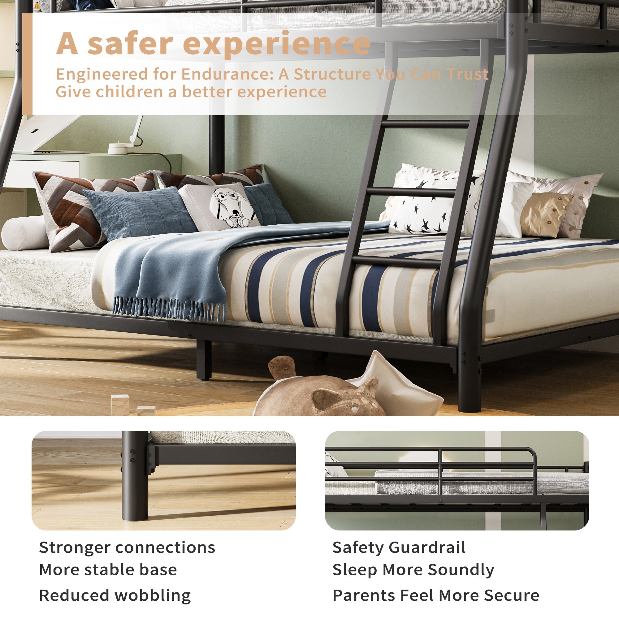 Twin Over Full Bunk Bed, Metal Bunk Bed Frame with Ladder, Safety Rail & Steel Slats, Space-Saving Bunk Beds for Kids Teens Adults, Noise Free for Dorm Bedroom, No Box Spring Needed