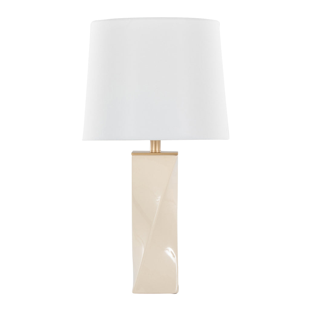 Curvo Square Contemporary 27' Ceramic Table Lamp in Cream Ceramic, Gold Metal, and White Linen by LumiSource