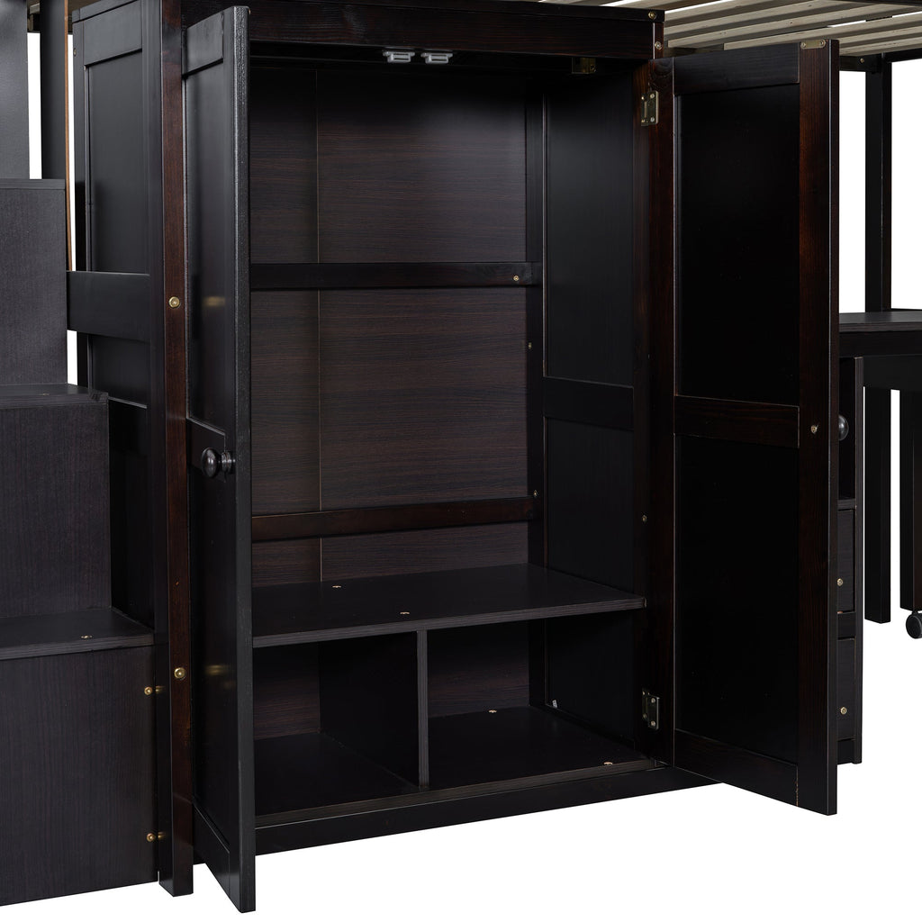 Twin Size Loft Bed with Stairs, Bookshelf, Drawers, Desk & Wardrobe – Space-Saving Multifunctional Furniture for Kids & Teens-Espresso
