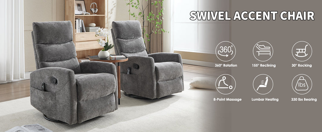 Heat Massage Manual Recliner Chair with Rocker and Swivel in Fabric for Living Room, GREY
