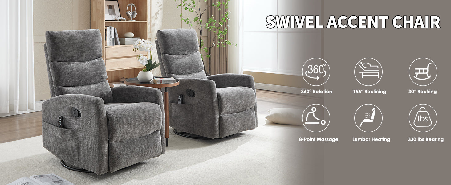 Heat Massage Manual Recliner Chair with Rocker and Swivel in Fabric for Living Room, GREY
