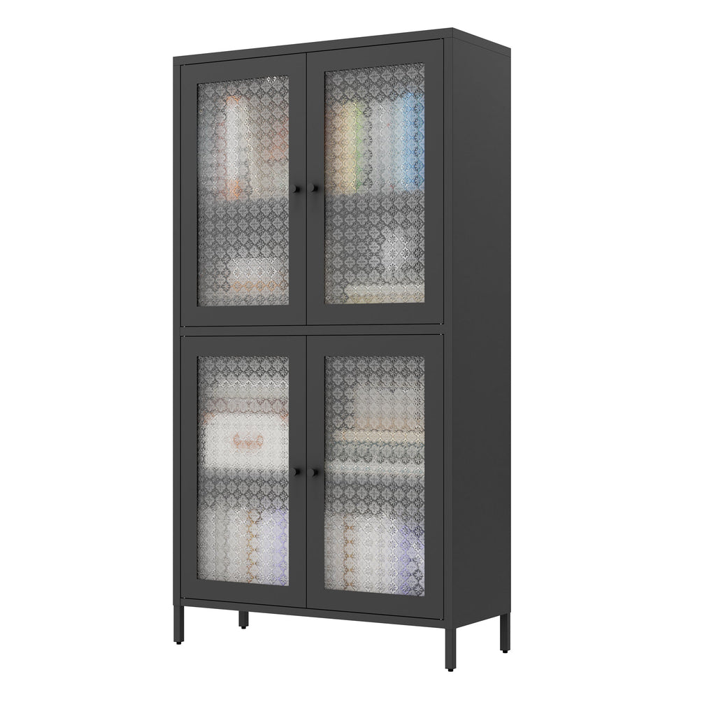 Classic Metal Storage Cabinet Display Cabinet with 4 Glass Doors 4 Shelves Cabinet Freestanding Bookcase Side Cabinet for Home Office Living Room Kitchen Hallway - Black, Begonia Flower Tempered Glass
