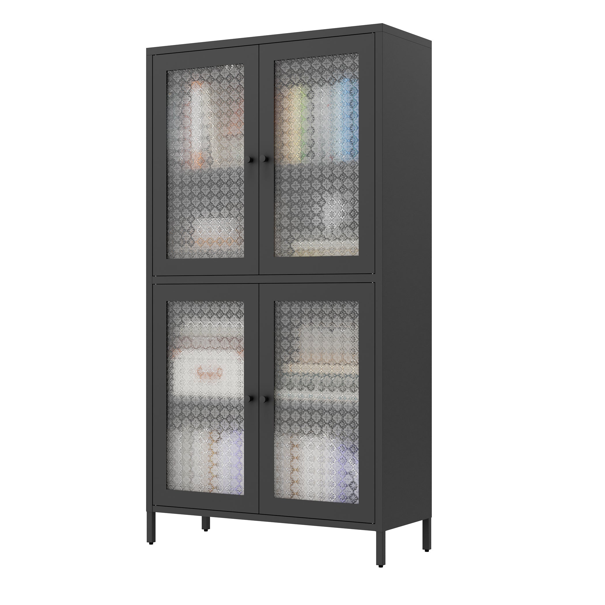Classic Metal Storage Cabinet Display Cabinet with 4 Glass Doors 4 Shelves Cabinet Freestanding Bookcase Side Cabinet for Home Office Living Room Kitchen Hallway - Black, Begonia Flower Tempered Glass