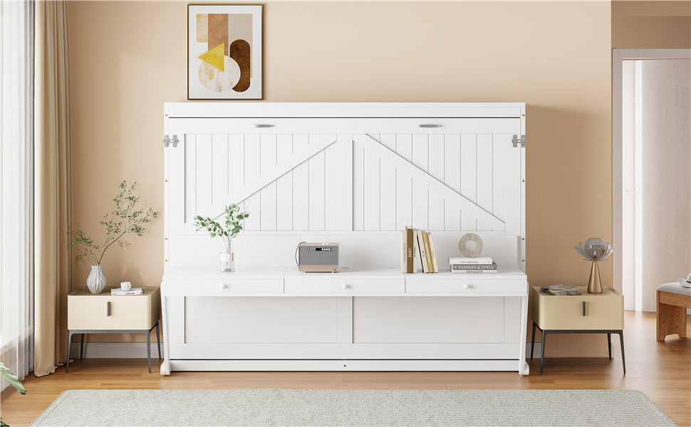 Queen Size Wall Murphy Bed with Storage, Foldable Cabinet Bed with Vanity Desk, Center Mirror & 2 Side Drawers, White