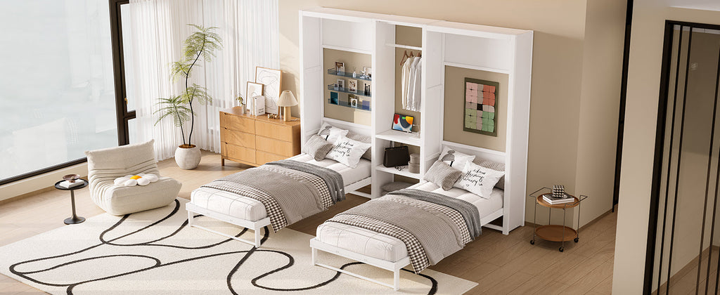 Twin and Twin Murphy Bed, Metal Foldable Murphy Bed with Wardrobe, Shelves and Power Outlets, 2 in 1 Design, Space-saving, White
