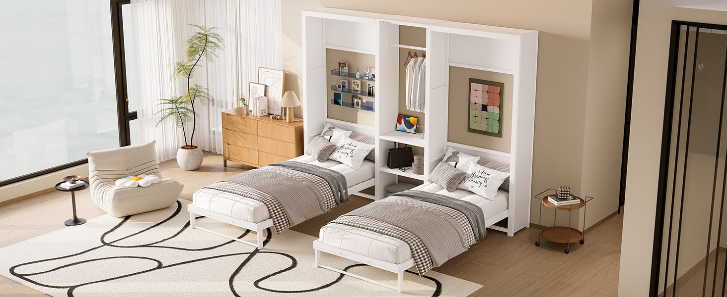 Twin and Twin Murphy Bed, Metal Foldable Murphy Bed with Wardrobe, Shelves and Power Outlets, 2 in 1 Design, Space-saving, White