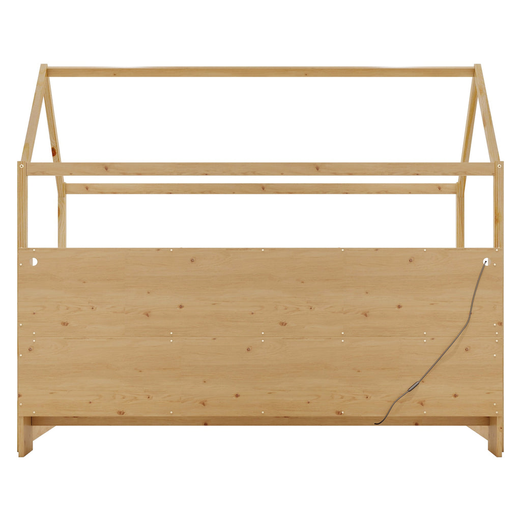 Twin Size House Bed with LED Light, Wood House Bed with Storage Bookshelf, Floor House Bed with Guardrails for Kids, Natural (Expect Arrival Date 2025/3/14)