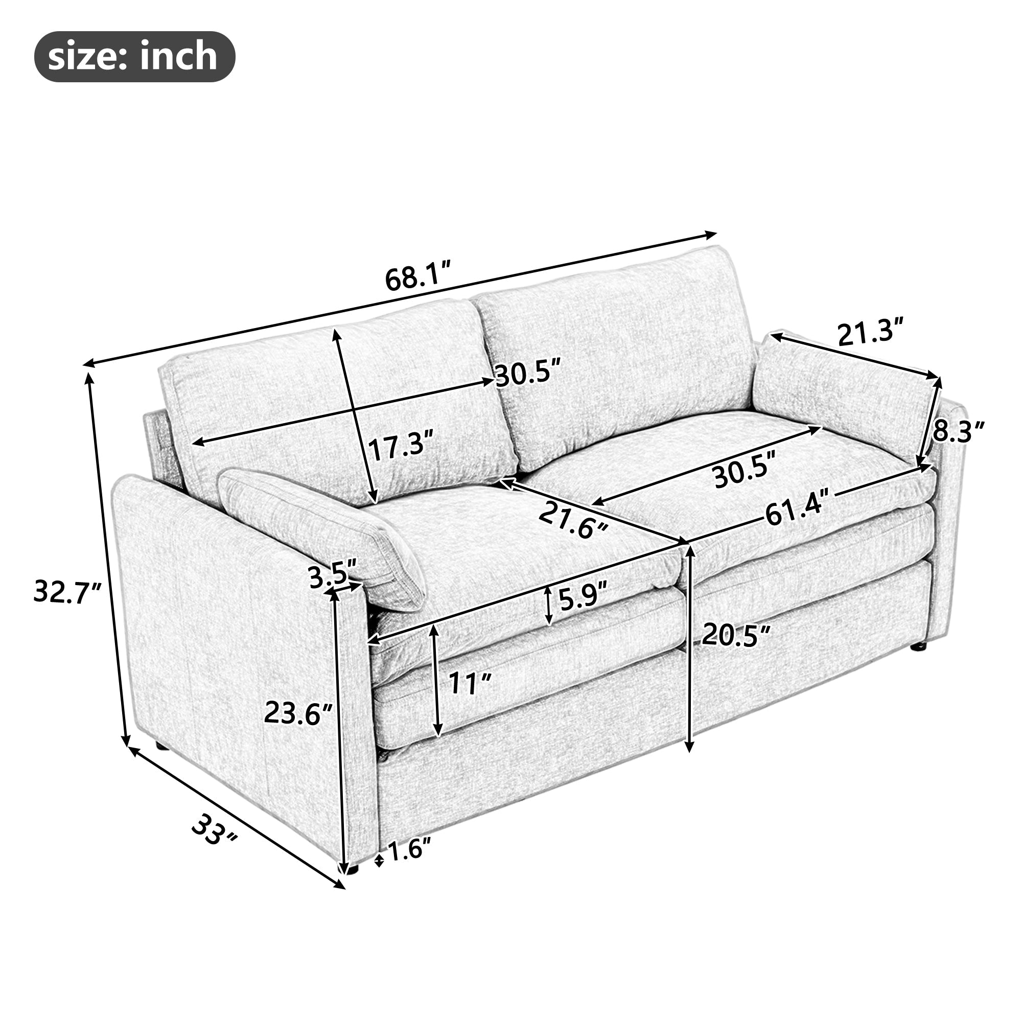 68.1' Cozy Upholstered Loveseat Sofa Oversized Comfy Comfy Cloud Sofa Double Cushion Loveseat Sofa Plush Cushion Sofa Couch for Living Room, Beige