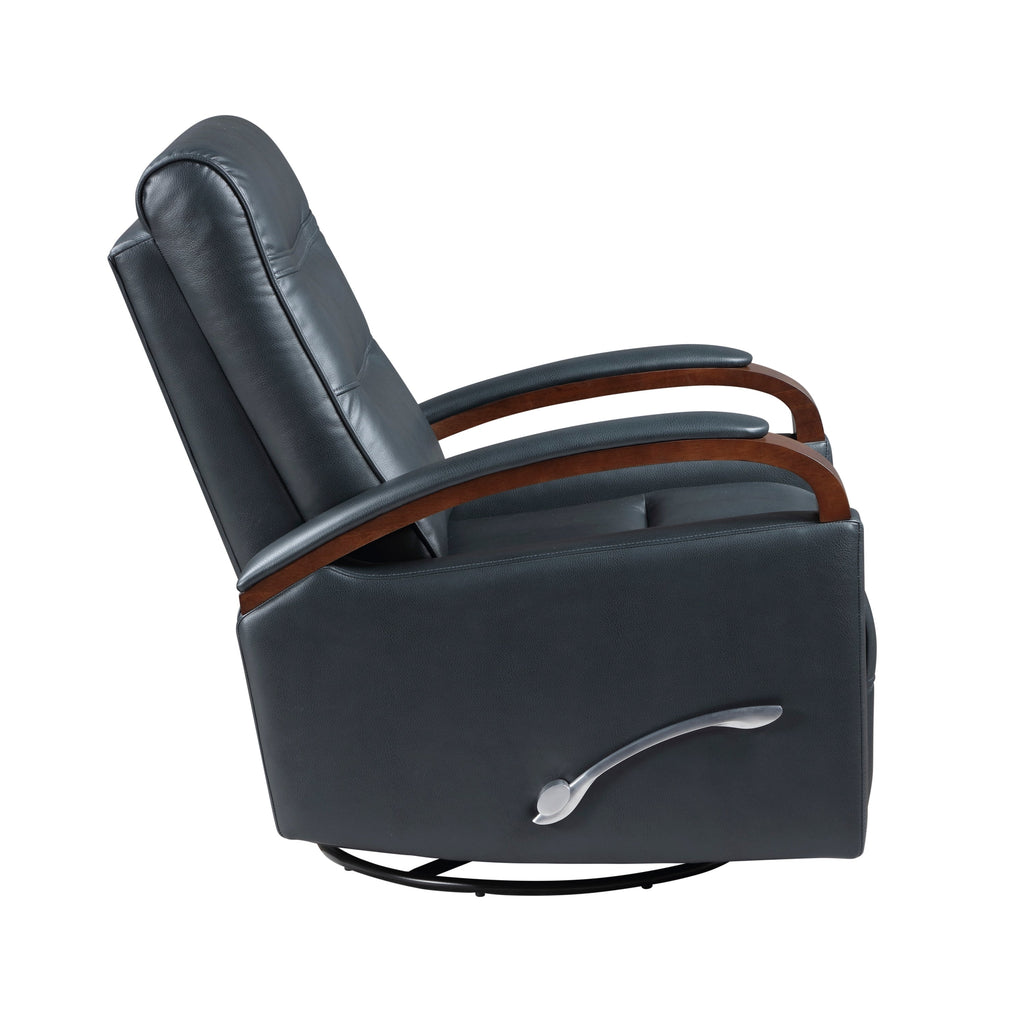 1pc Swivel Gliding Recliner Faux Leather Upholstered Solid Rubberwood Arms Luxurious Living Room Furniture, Navy