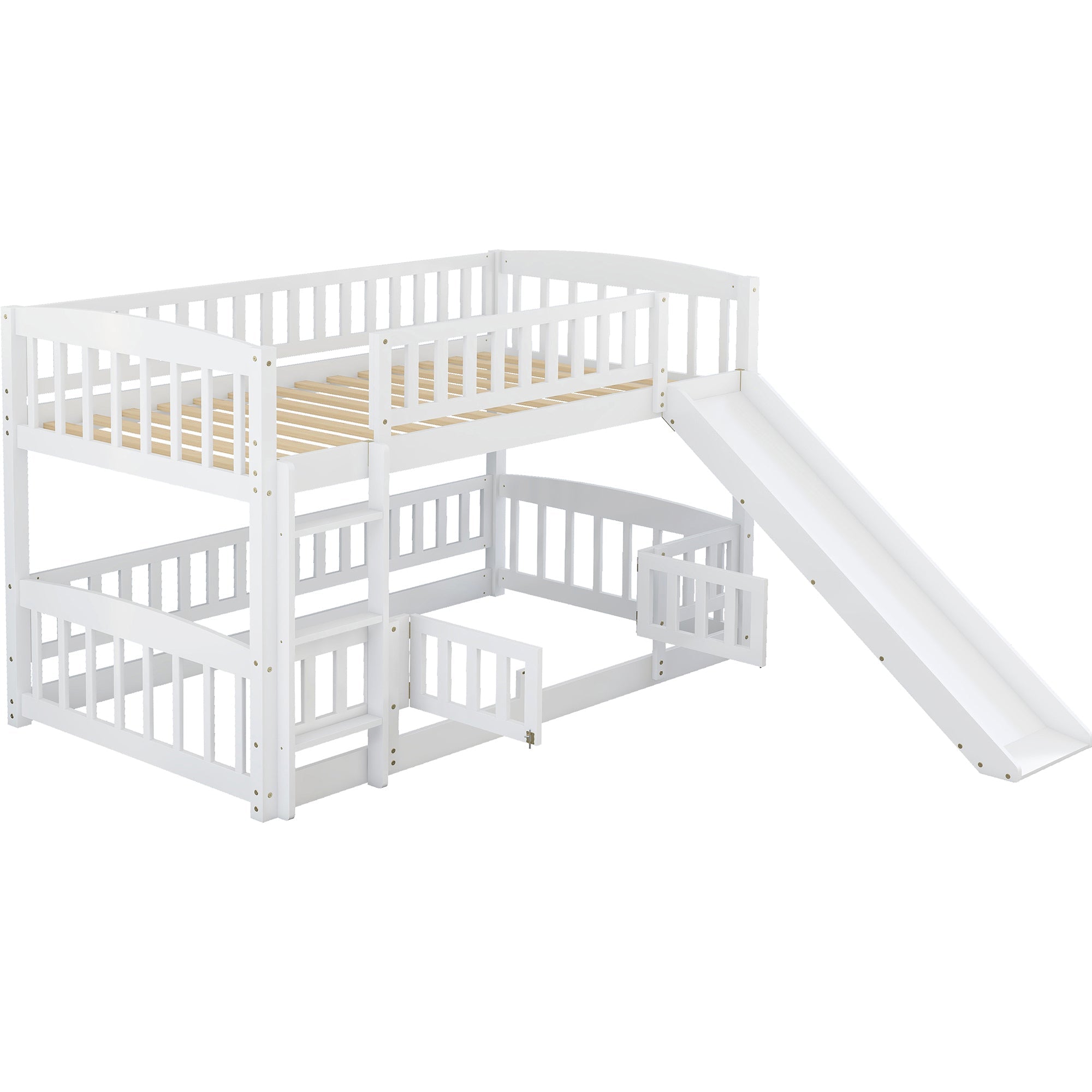 Bunk Bed with Slide,Twin Over Twin Low Bunk Bed with Fence and Ladder for  Kids Teens White