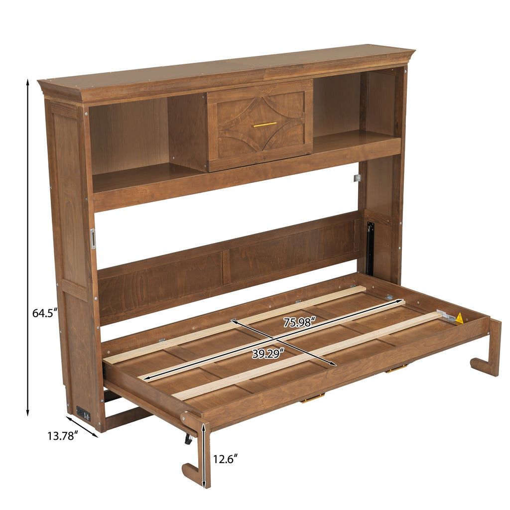 Twin Size Murphy Bed with Charging Station and Drawer in Wood Color, Solid Pine Wood + MDF