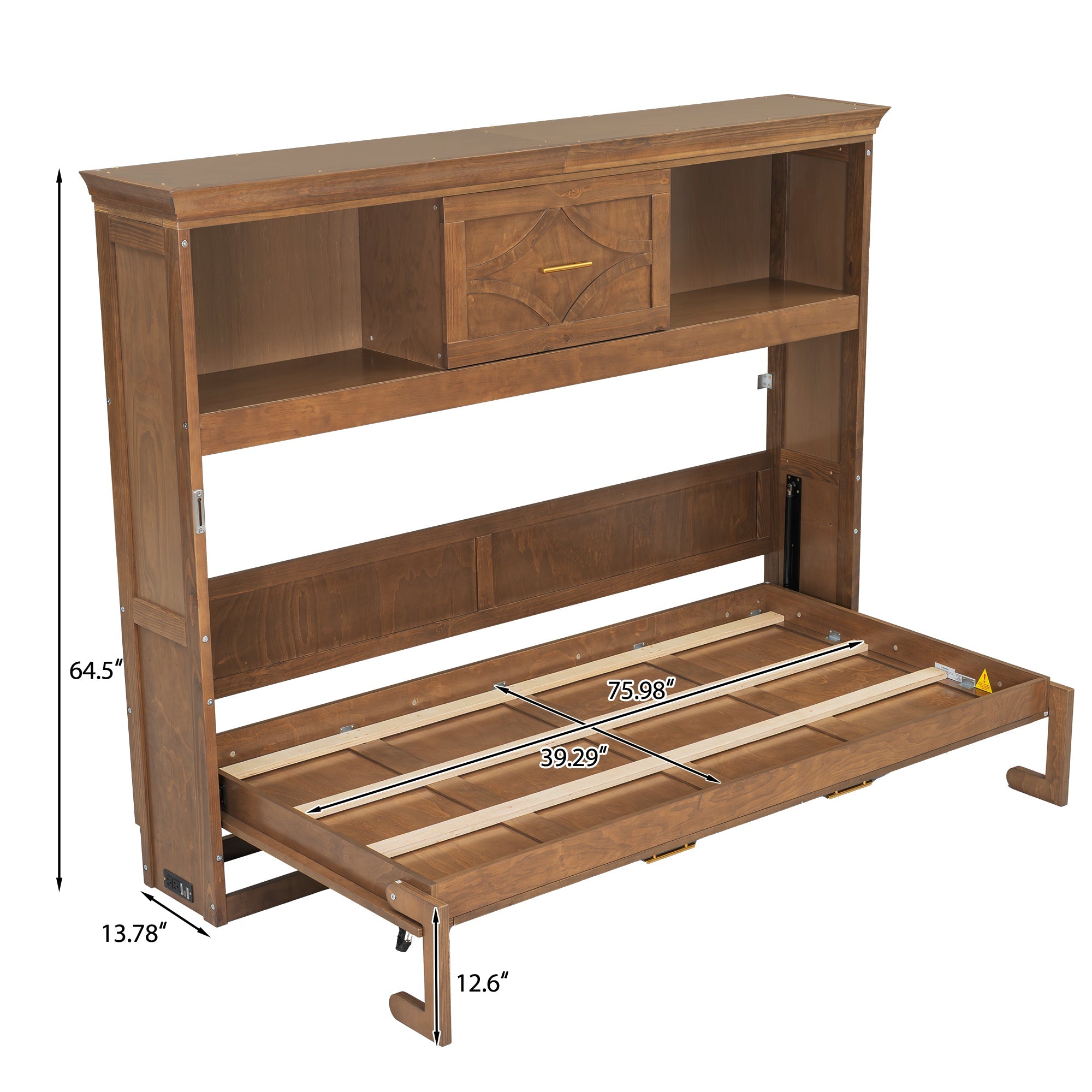 Twin Size Murphy Bed with Charging Station and Drawer in Wood Color, Solid Pine Wood + MDF