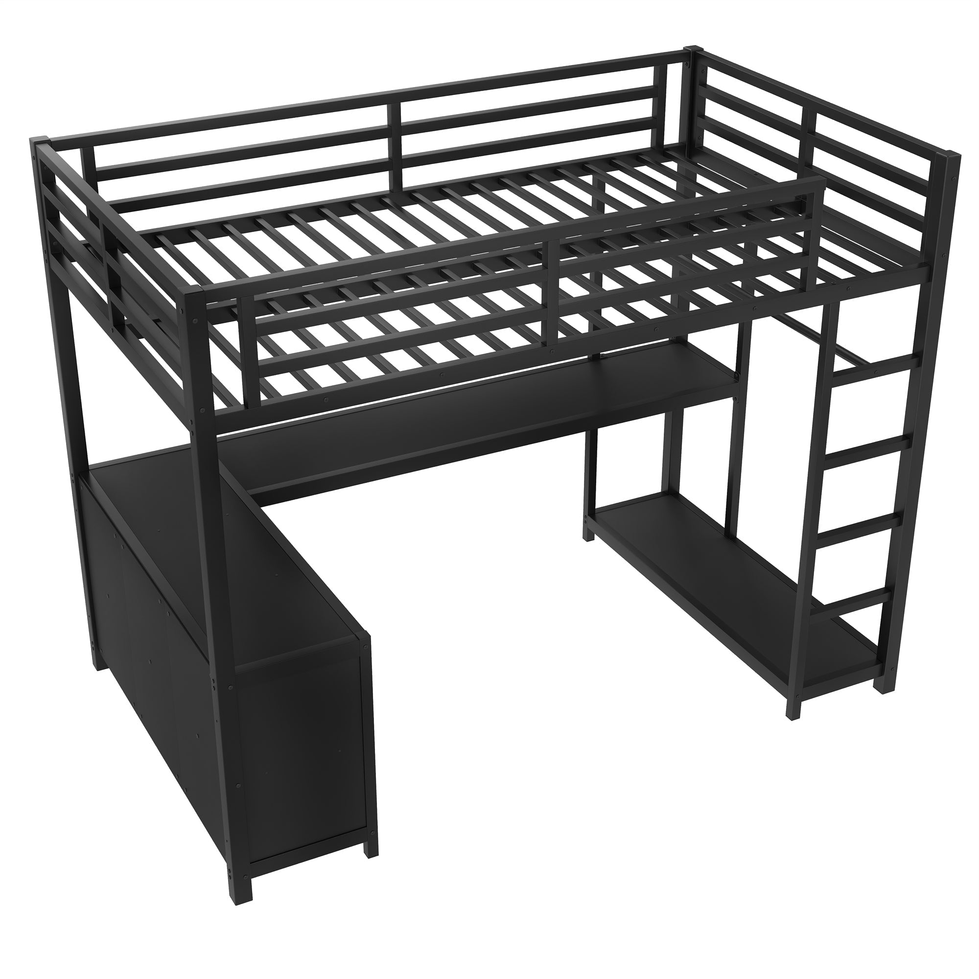 Metal Loft Bed with Wardrobe and L-shaped Desk, Twin XL Size Loft Bed with Storage Cubes and Shelves, Loft Bed for Kids Teens Adults, Black