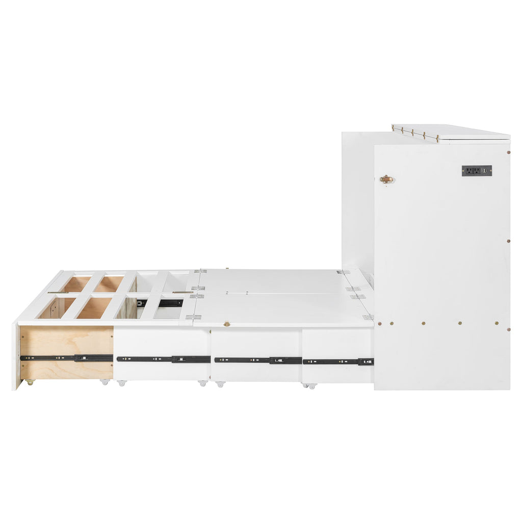 Queen Size Murphy Bed Wall Bed with drawer and a set of Sockets & USB Ports, Pulley Structure Design, White(OLD SKU: LP100671AAK)