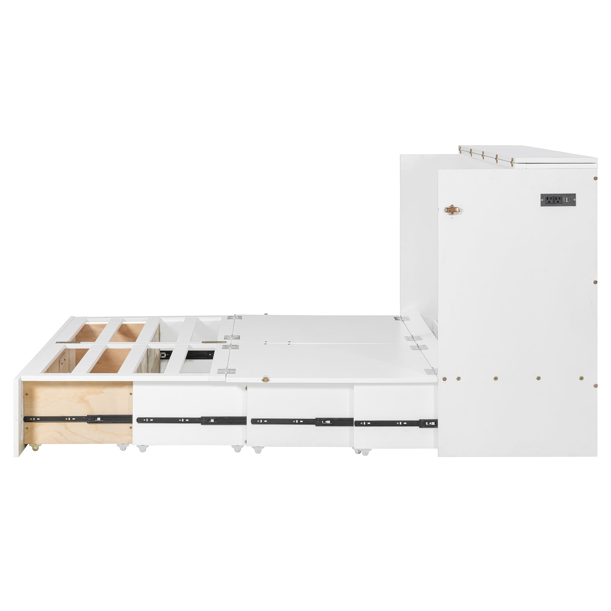 Queen Size Murphy Bed Wall Bed with drawer and a set of Sockets & USB Ports, Pulley Structure Design, White(OLD SKU: LP100671AAK)