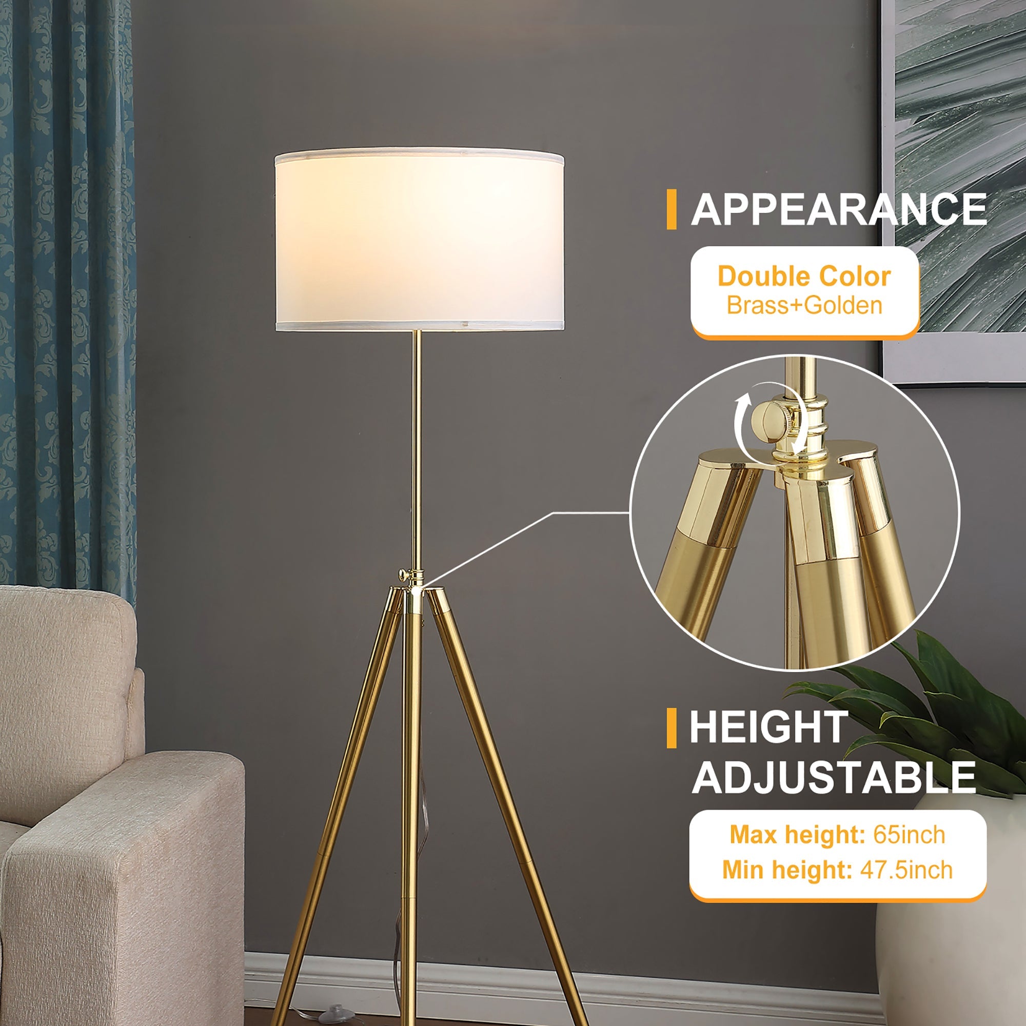 64' - 47'H Adjustable Height Brass/Shiny Gold Modern Tripod Floor Lamp for Living Room, Standing Lamp for Bedroom
