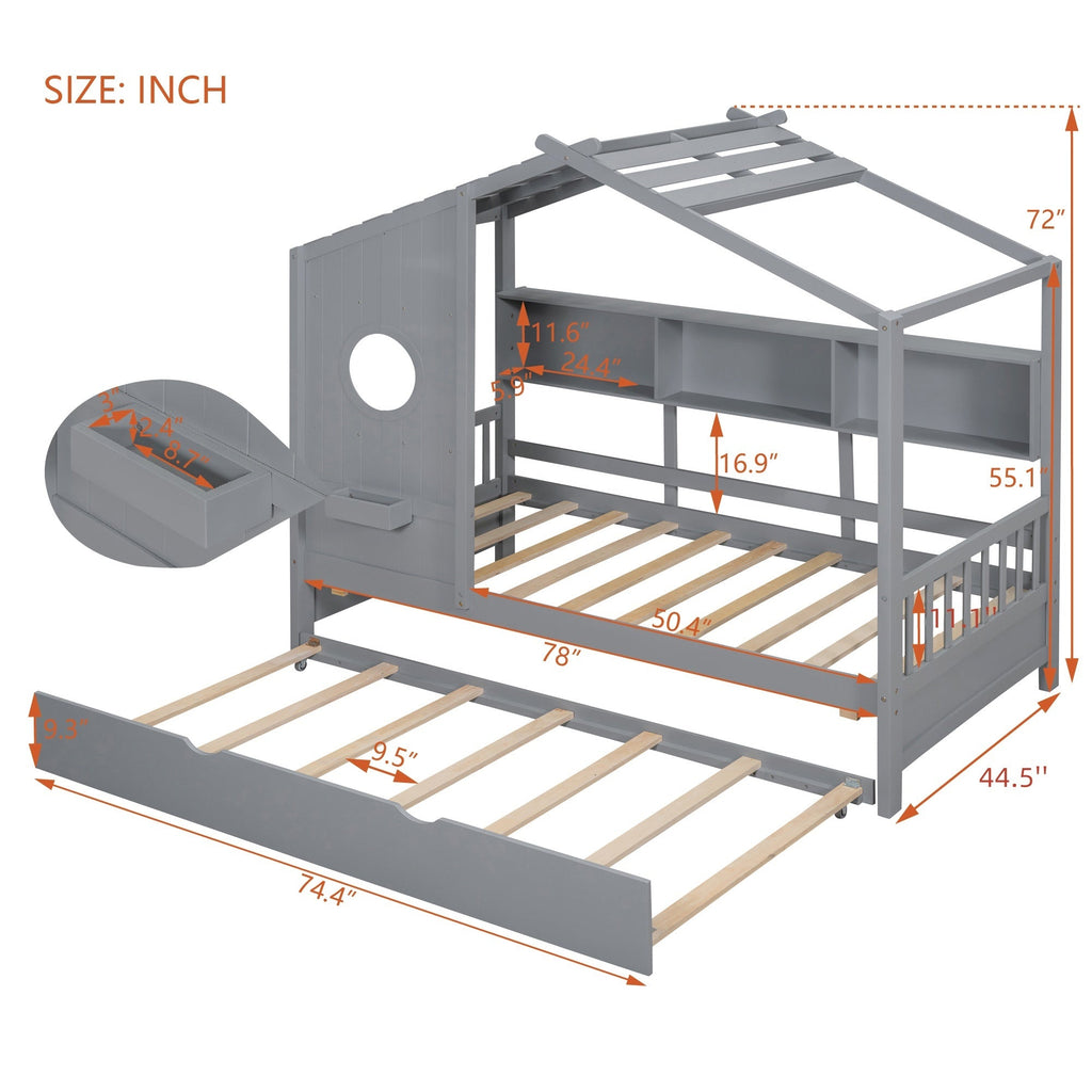 Wooden Twin Size House Bed With Trundle, Modern Design for Kids with Storage Shlef, Gray(old SKU HL000094AAE)