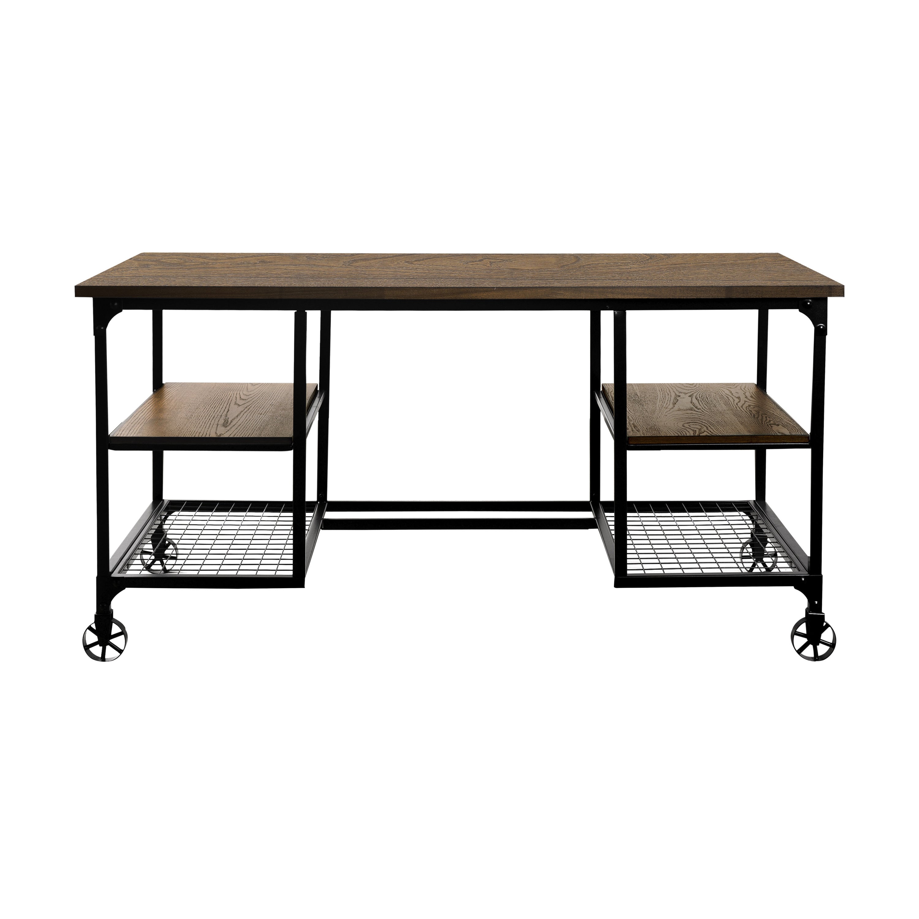 Modern Traditional Aesthetic 1pc Writing Desk with 4x Shelves Metal Casters Natural Finish and Rustic Black Metal Finish