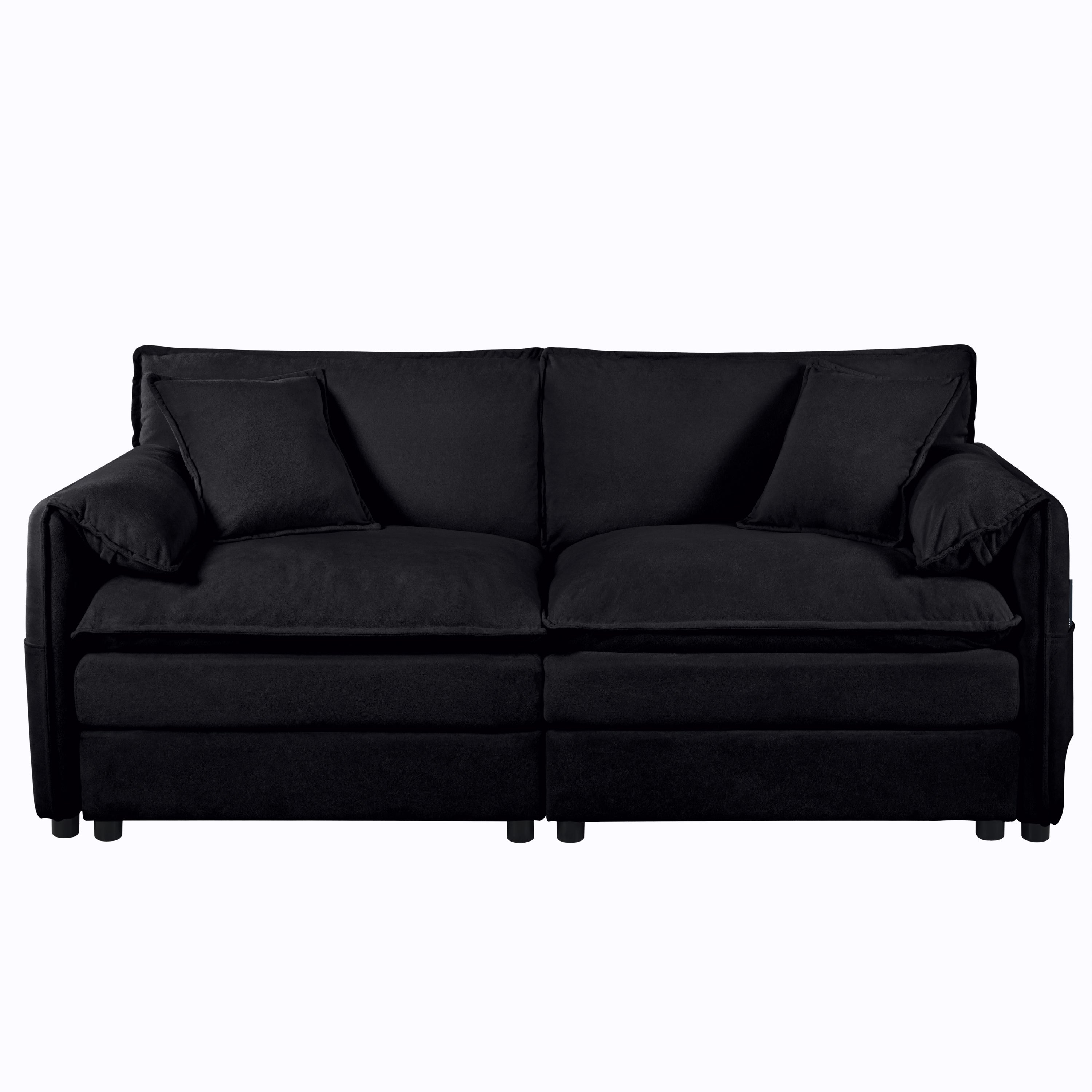 Deep Seat Sectional Cloud Sofa with 2 Ottomans & Soft Pillows, Loveseat Modular Couch for Living Room, Apartment,DIY Combination,Black