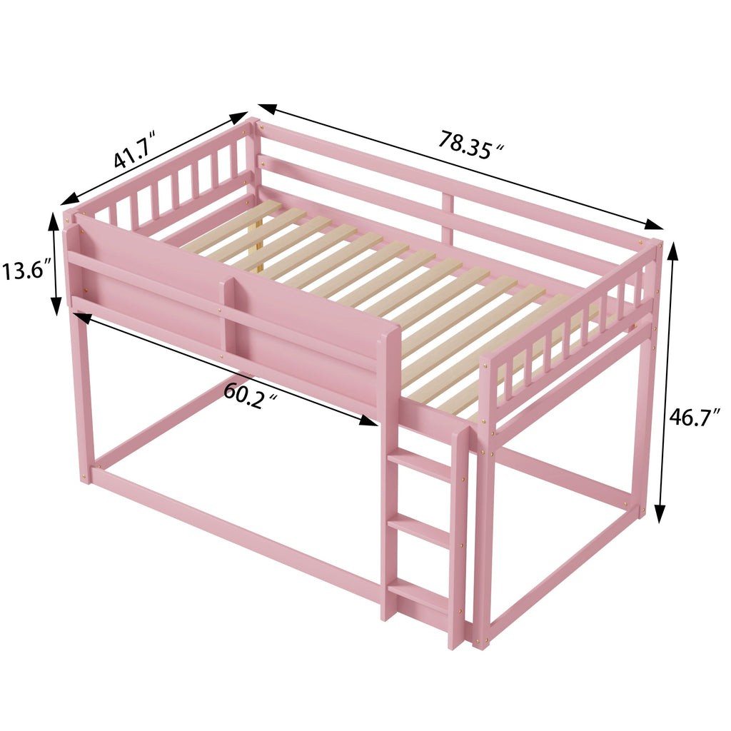 Low Twin Over Twin Bunk Bed, Floor Bunk Bed with Ladder, Solid Wood Twin Bunk Bed for Kids & Juniors, Pink(Expect Arrival Date 2025/11/25)