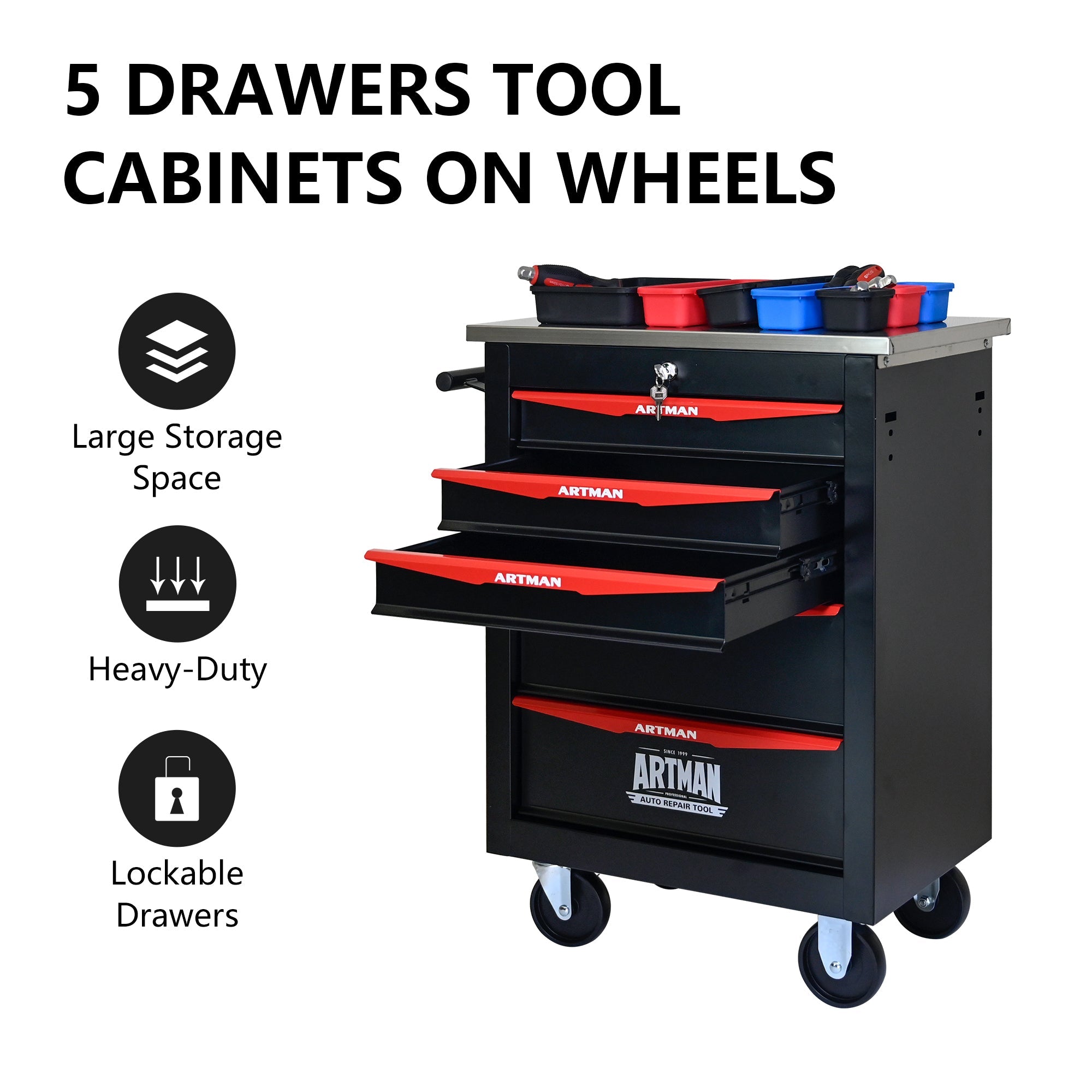 5-Drawer Multifunctional Tool Cart with Wheels, Metal Rolling Tool Cart Storage for Garage Workshop Warehouse Repair Shop - with Stainless Steel Roof - Black & Red