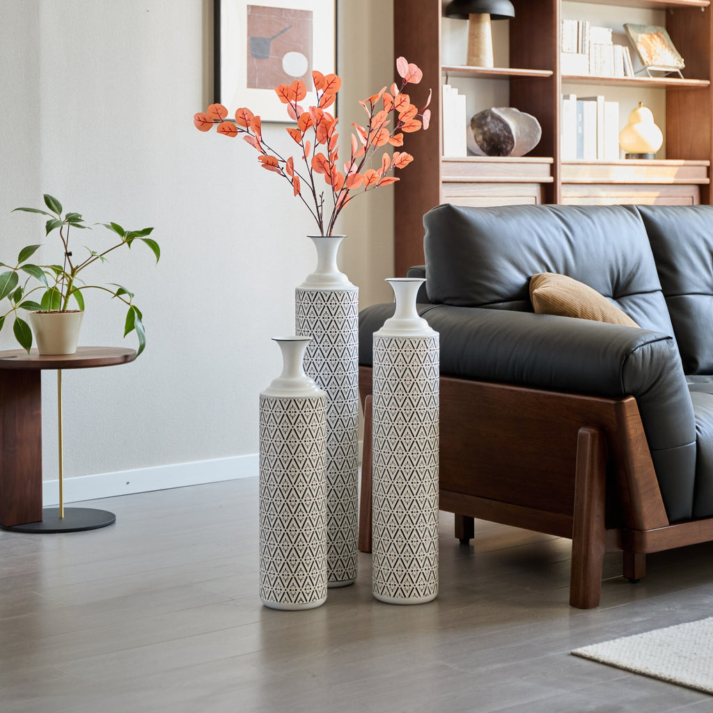 Modern Floor Vase Set – White & Black Metal Vases with Geometric Pattern – 3-Piece Home Decor Set in 24.8 in, 29.13 in & 33.85 in Heights