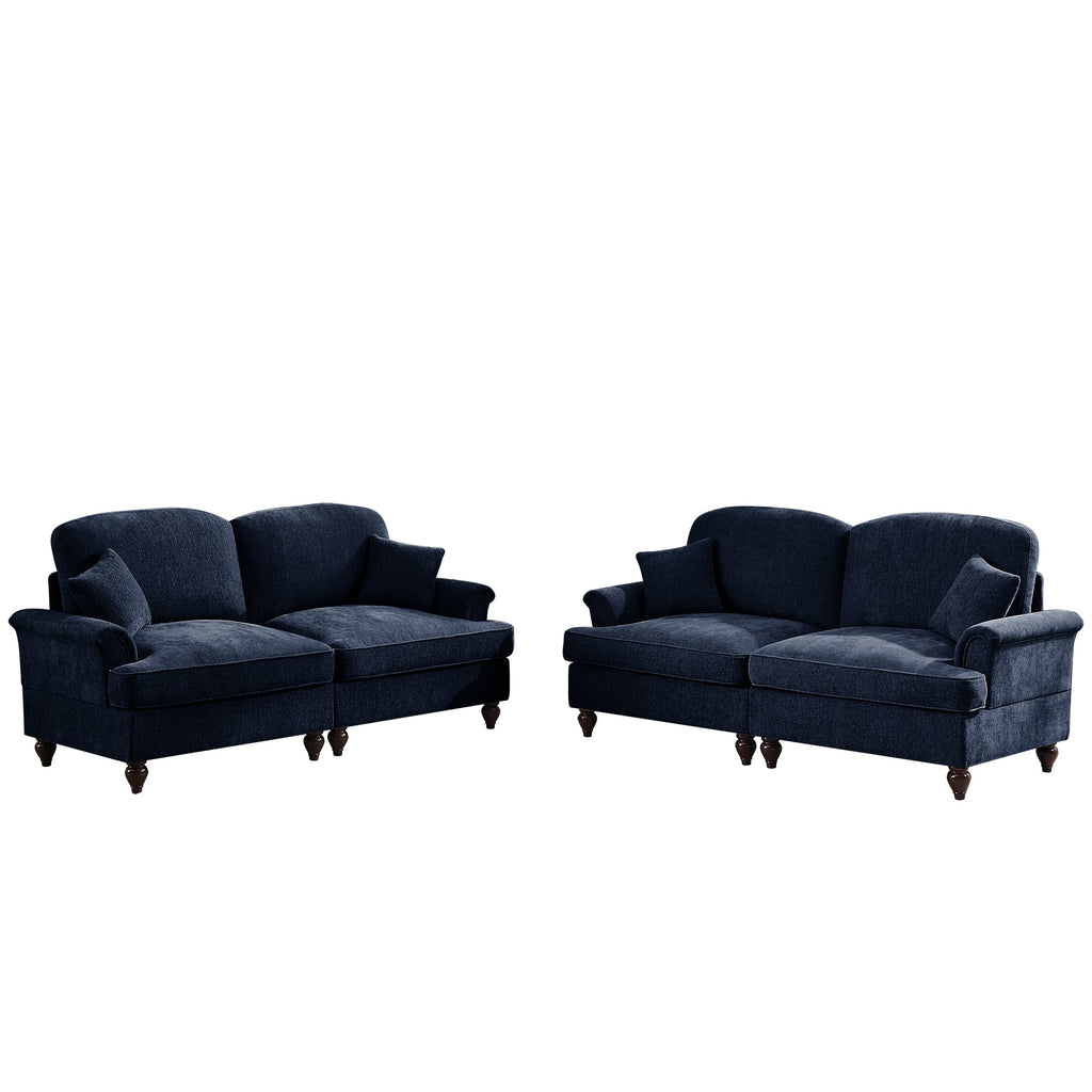Classic 2 Piece Modular Couch Living Room Sofa Set with Flared Arms and Removable Ruffles Pleats Skirts and Spindle Legs, 2Seater Sofa + 2-Seat Loveseat Sofa Sets for Living Room, Blue