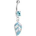 Aqua Gem Paved Floating Leaf Dangle Belly Ring