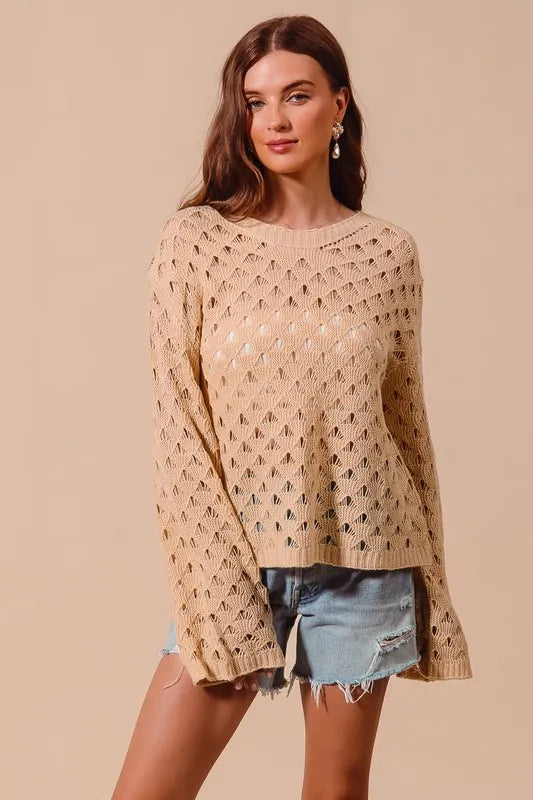 SO ME Geometric Pattern Open Knit Lightweight Sweater