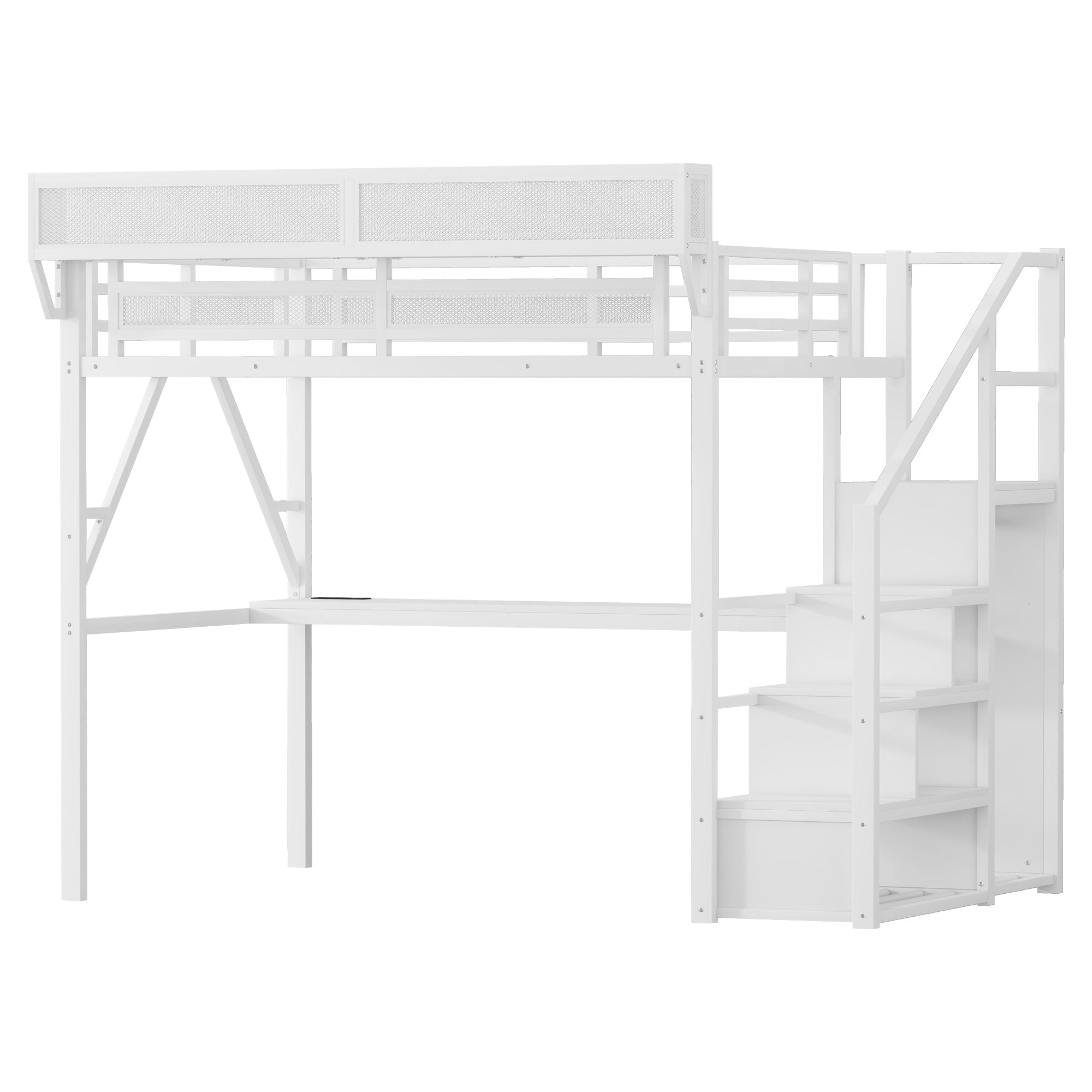 Full Loft Bed with Desk and Charging Station, Full Size Metal Loft Bed with Stairs and Light for Kids Teens,White OLD  SKU W2580S00046