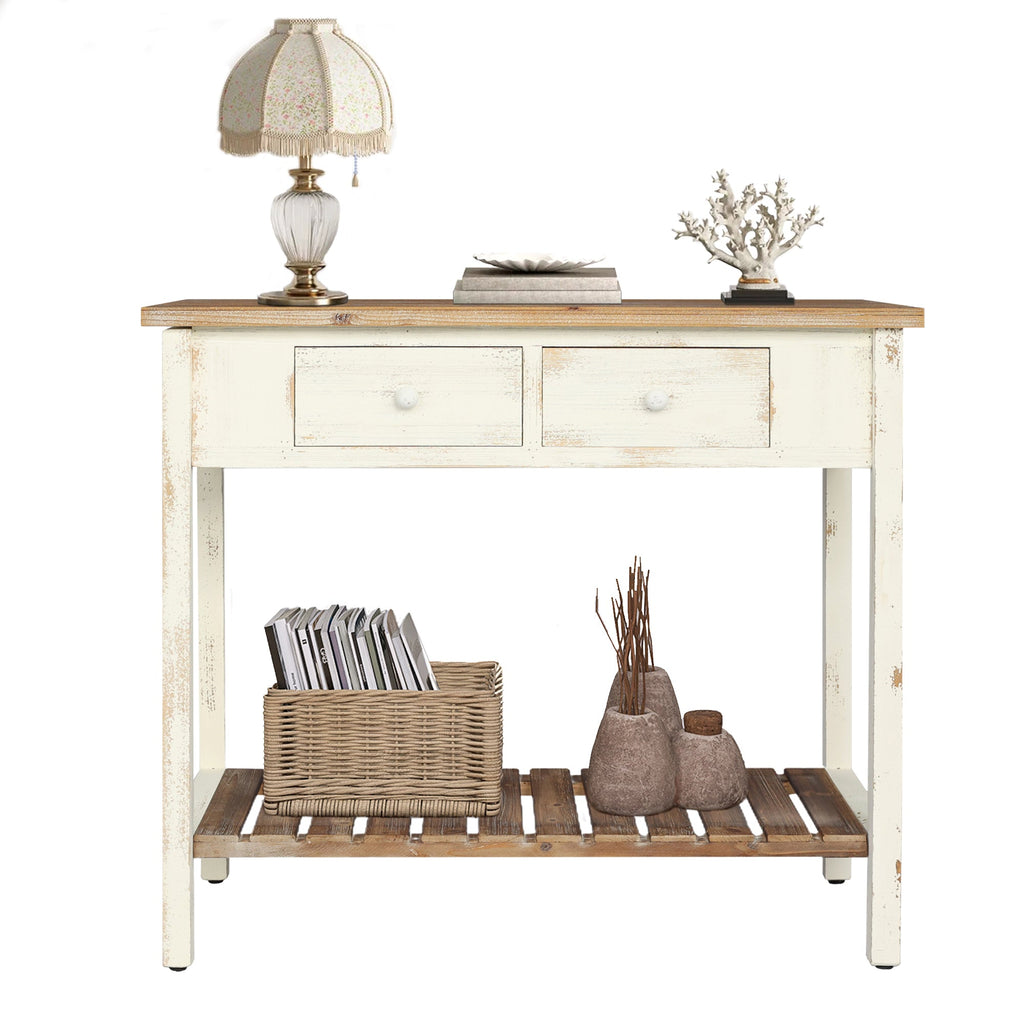Vintage Two - Drawer Console Table with Open Shelf, Distressed Finish for Entryway & Living Room