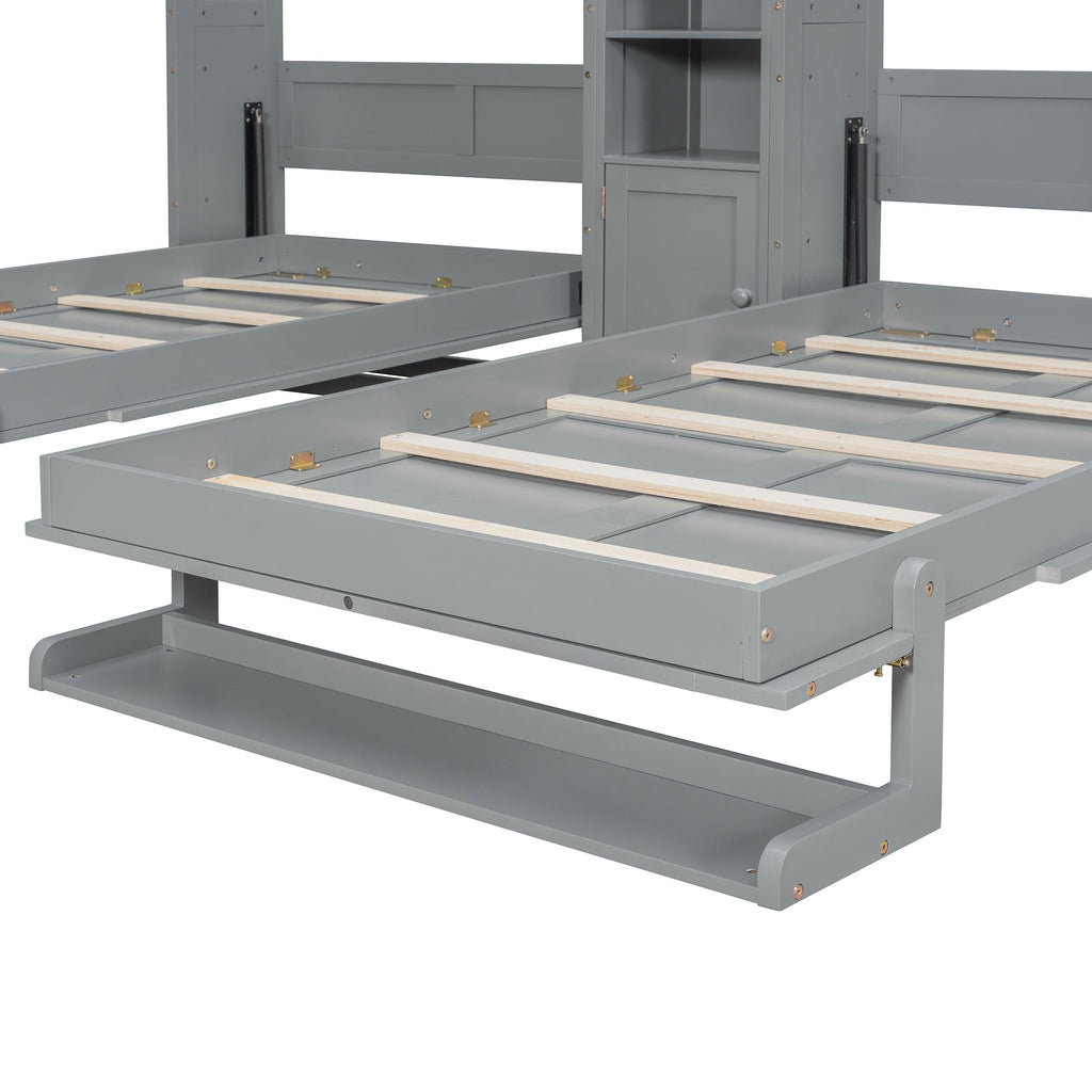 Dual Twin size Wall Murphy Beds with Cabinets and Shelves, Gray