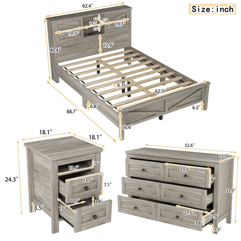 3-Pieces Bedroom Sets Queen Size Farmhouse Platform Bed with Double Sliding Door Storage Headboard and Charging Station, Storage Nightstand and Dresser, Antique Gray(Old SKU HL000092AAG)