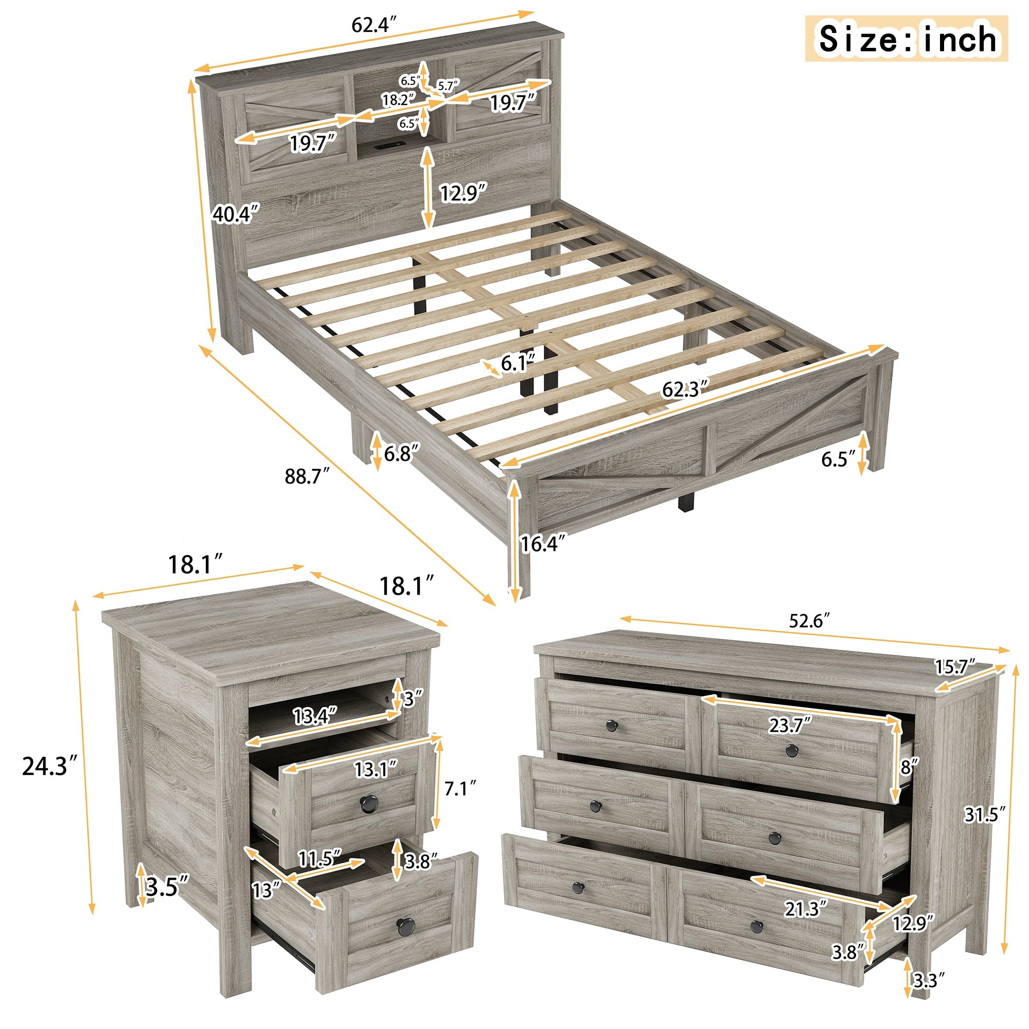 3-Pieces Bedroom Sets Queen Size Farmhouse Platform Bed with Double Sliding Door Storage Headboard and Charging Station, Storage Nightstand and Dresser, Antique Gray(Old SKU HL000092AAG)