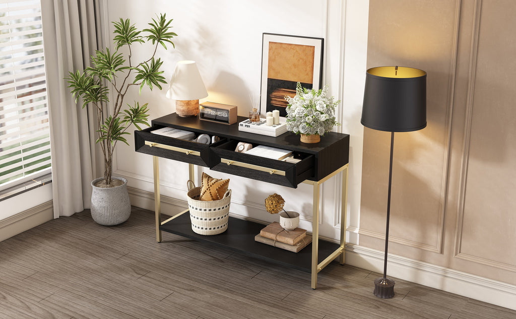 TREXM Entryway Table, Console Table with Two Drawers, Retro Hallway Table with Striking Geometric Design for Entryway and Living Room (Black)
