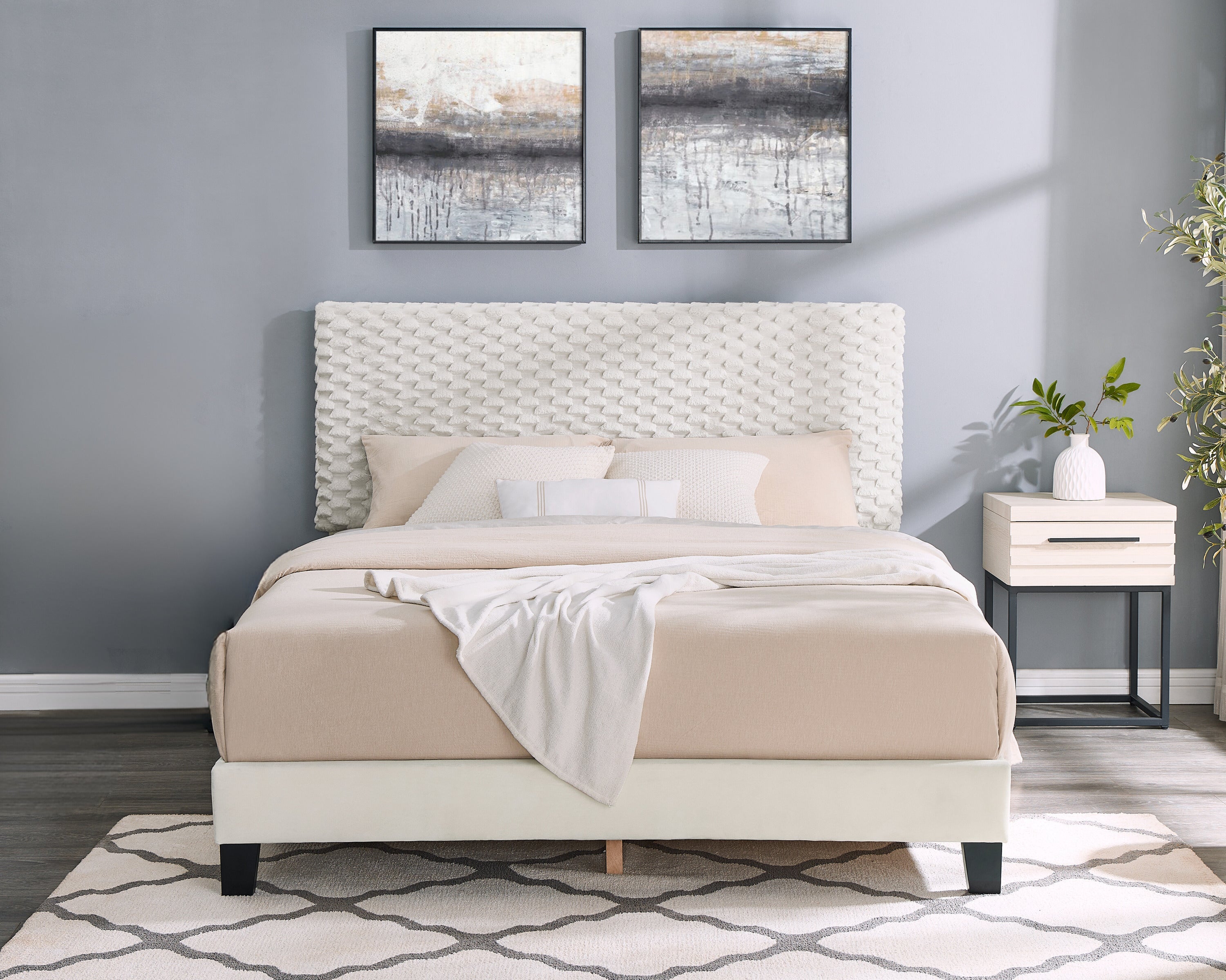 Findlay 2-Piece Bedroom Set, Plush 3D Upholstered Bed with Nightstand, Queen