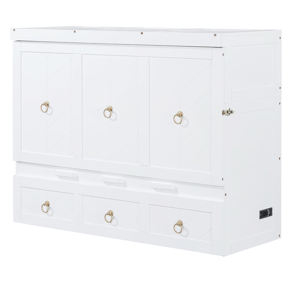 Full Size Murphy Bed with USB Port and a Large Drawer, White