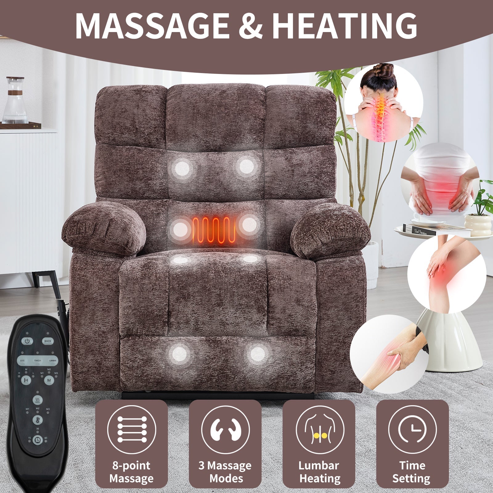 Lift Recliner Chair Heat Massage Dual Motor Infinite Position Up to 350 LBS Large Electric Power Lift Recliners with Power-Remote, Medium-firm and Heavy duty, Brown