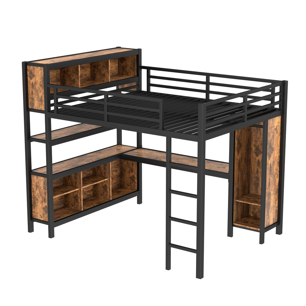 Metal Loft Bed with Wardrobe And L-shaped Desk, Queen Size Loft Bed with Storage Cubes and Shelves, Heavy Duty Loft Bed for Kids Teens Adults, Black Woodgrain