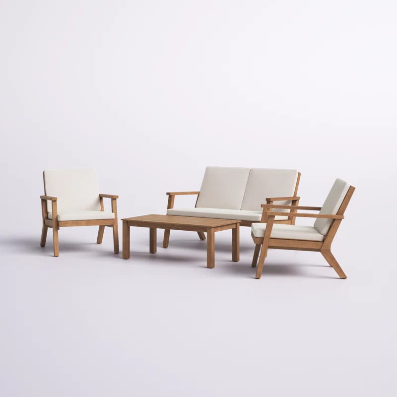 Temecula Outdoor Acacia Wood 4-Seater Chat Set_Loveseat&Coffee Table&2 Club Chairs - Brown Patina Finish + Cream Cushion