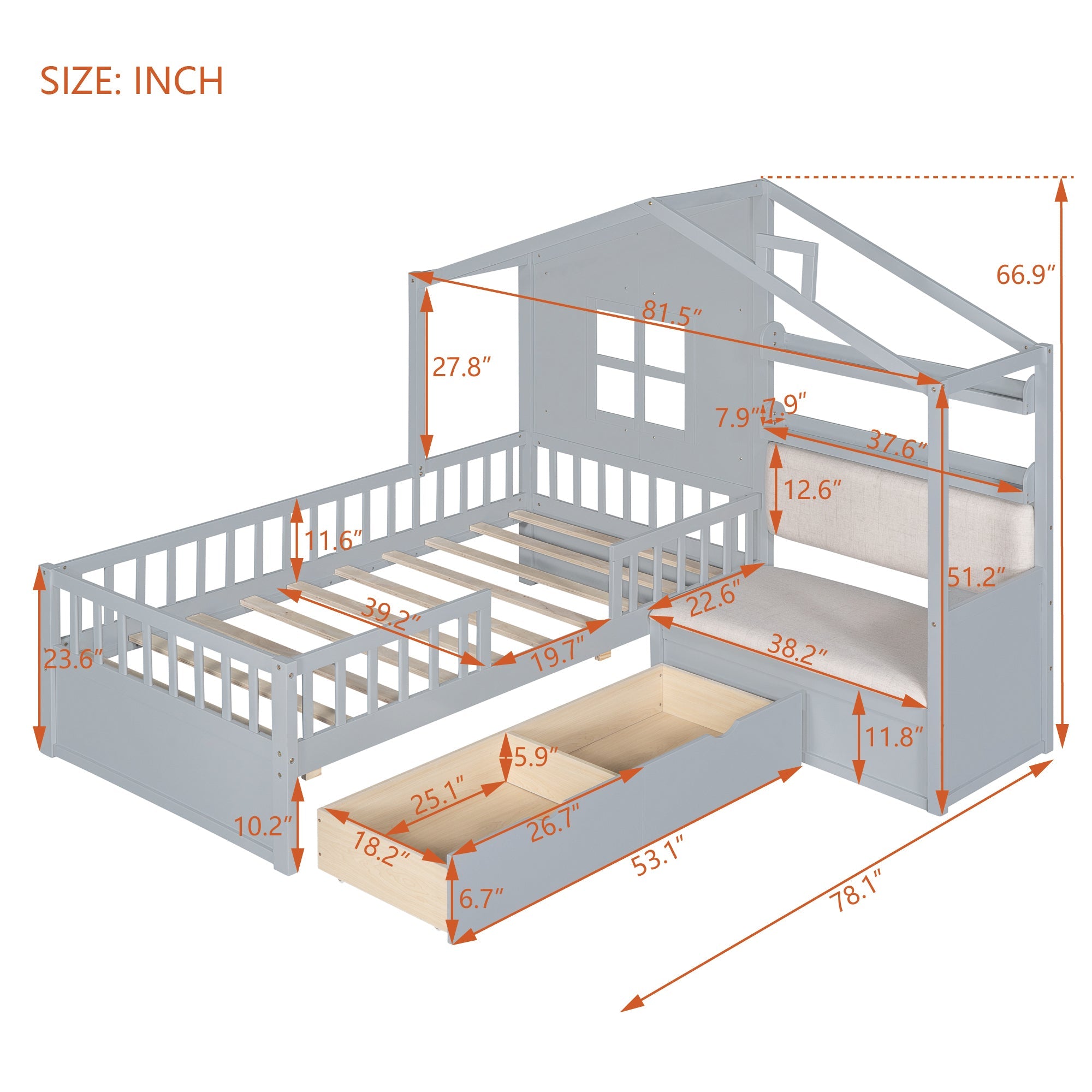 Twin Size House Bed with Sofa, Kids Platform Bed with Two Drawers and Storage Shelf, Gray (Old SKU:HL000065AAE)