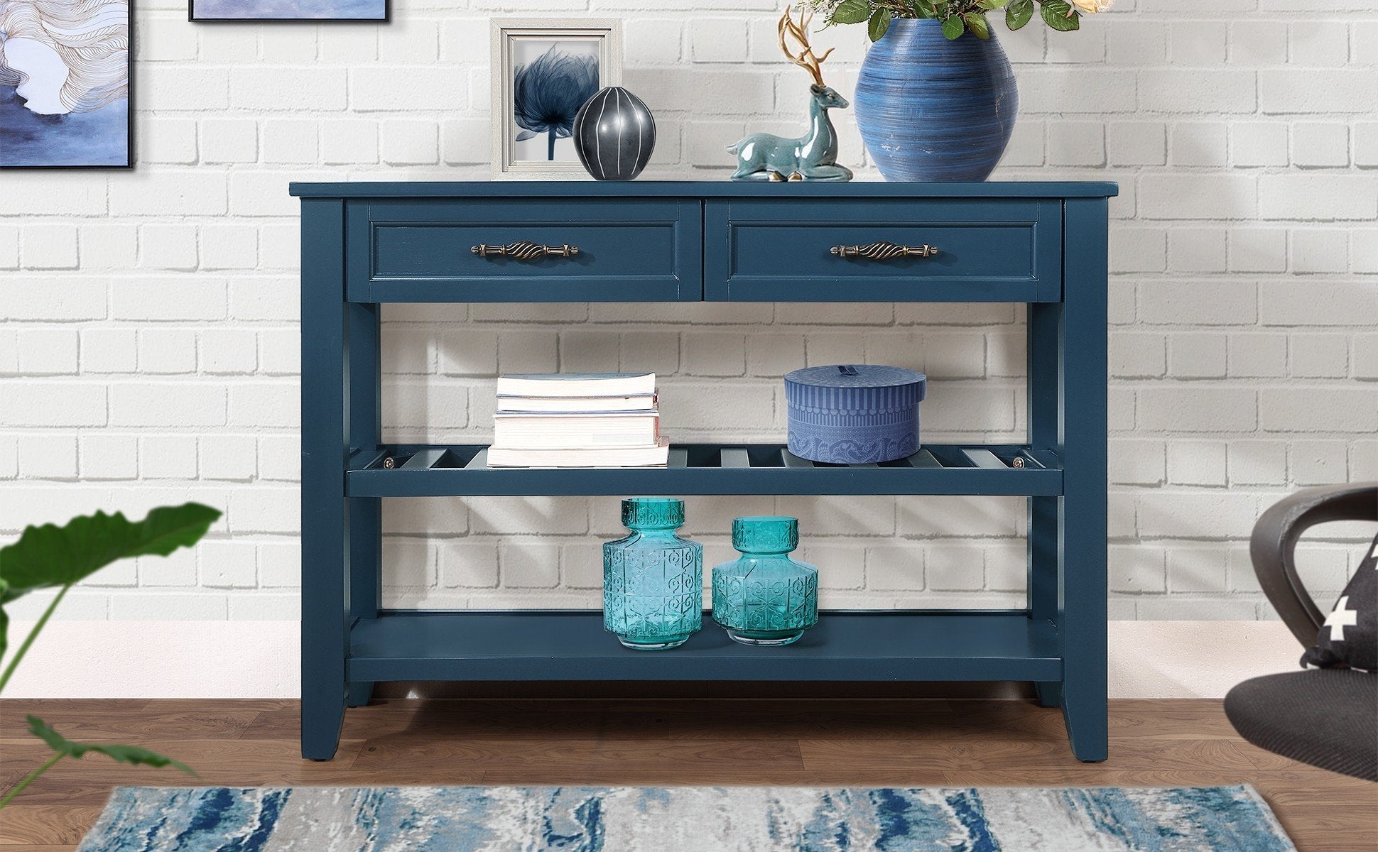 Console Sofa Table with 2 Storage Drawers and 2 Tiers Shelves, Mid-Century Style 42'' Solid Wood Buffet Sideboard for Living Room Furniture Kitchen Dining Room Entryway Hallway,Navy Blue