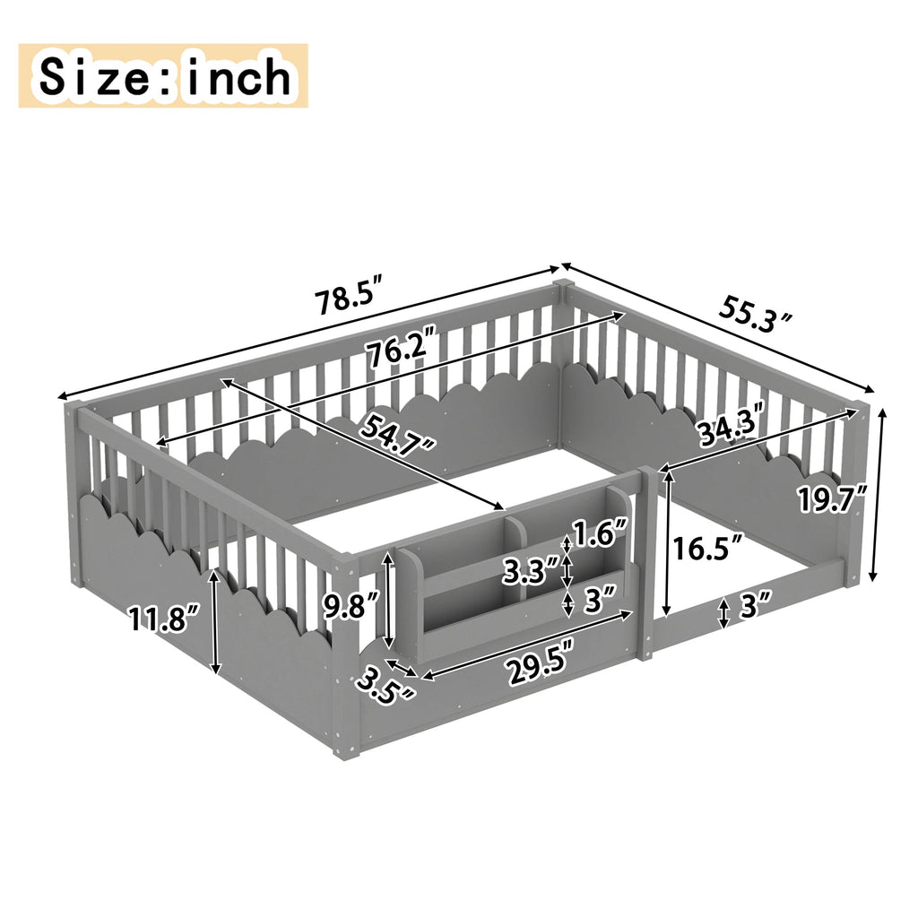 Full Floor bed with Heightened Fence and bookshelf ,Wood Floor Bed for Kids,Gray.