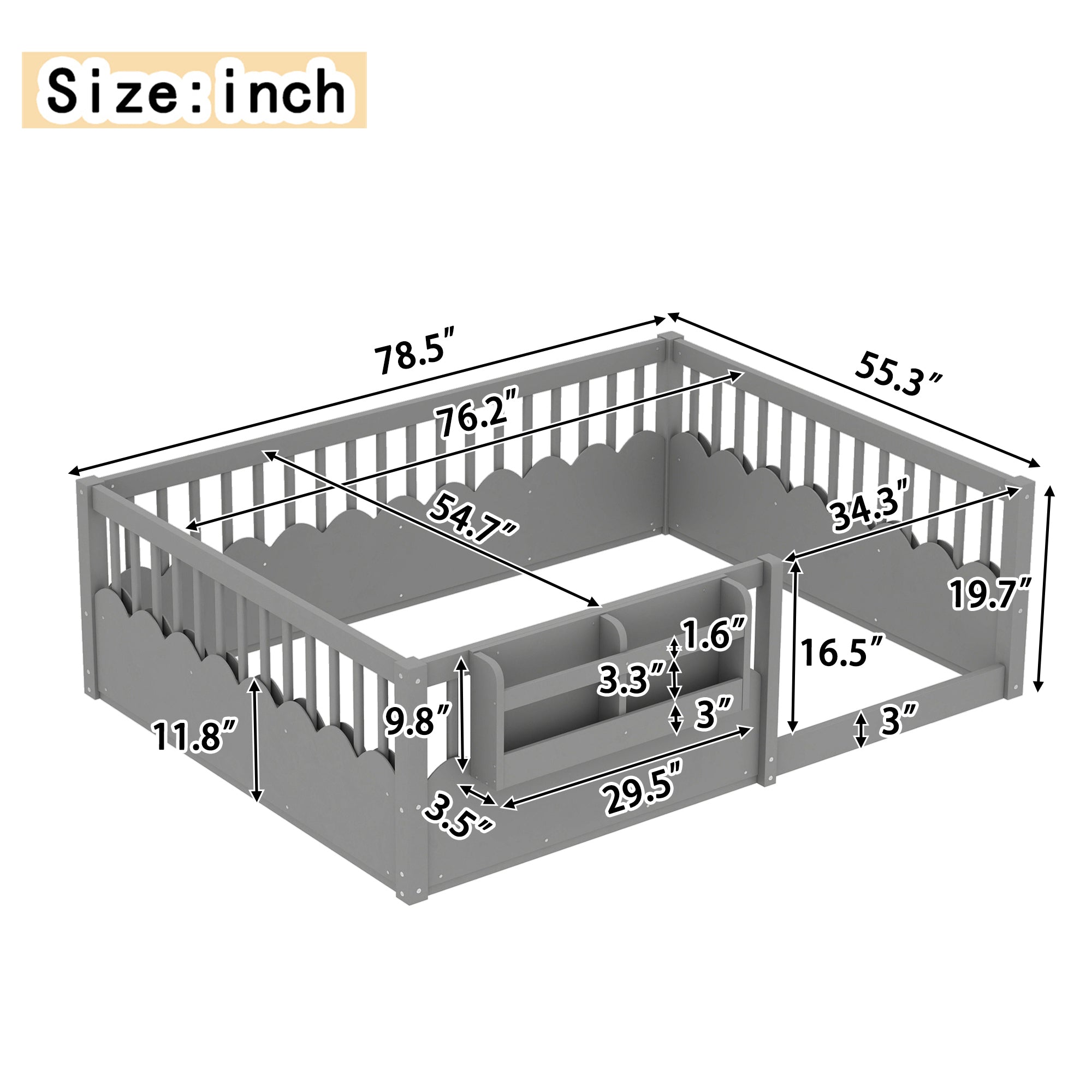 Full Floor bed with Heightened Fence and bookshelf ,Wood Floor Bed for Kids,Gray.