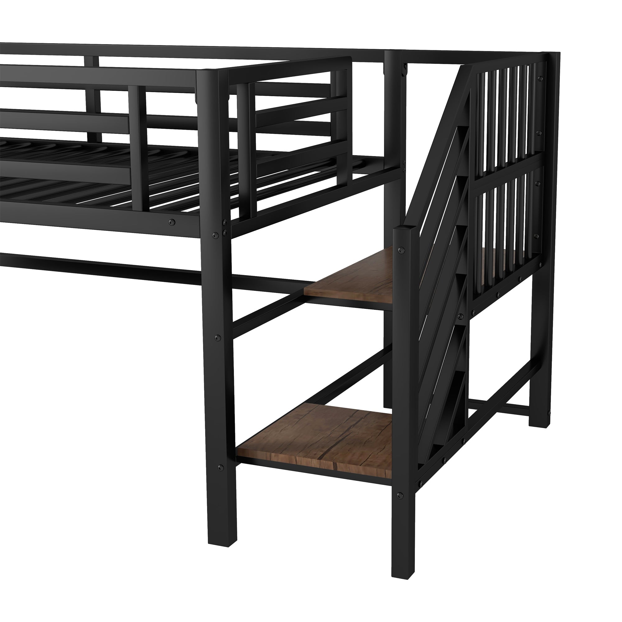 Twin Metal Loft Bed with Storage Cubby, Low Metal Loft Bed with Stairs for Kids, Black, Expect Arrival Date 2025/11/10