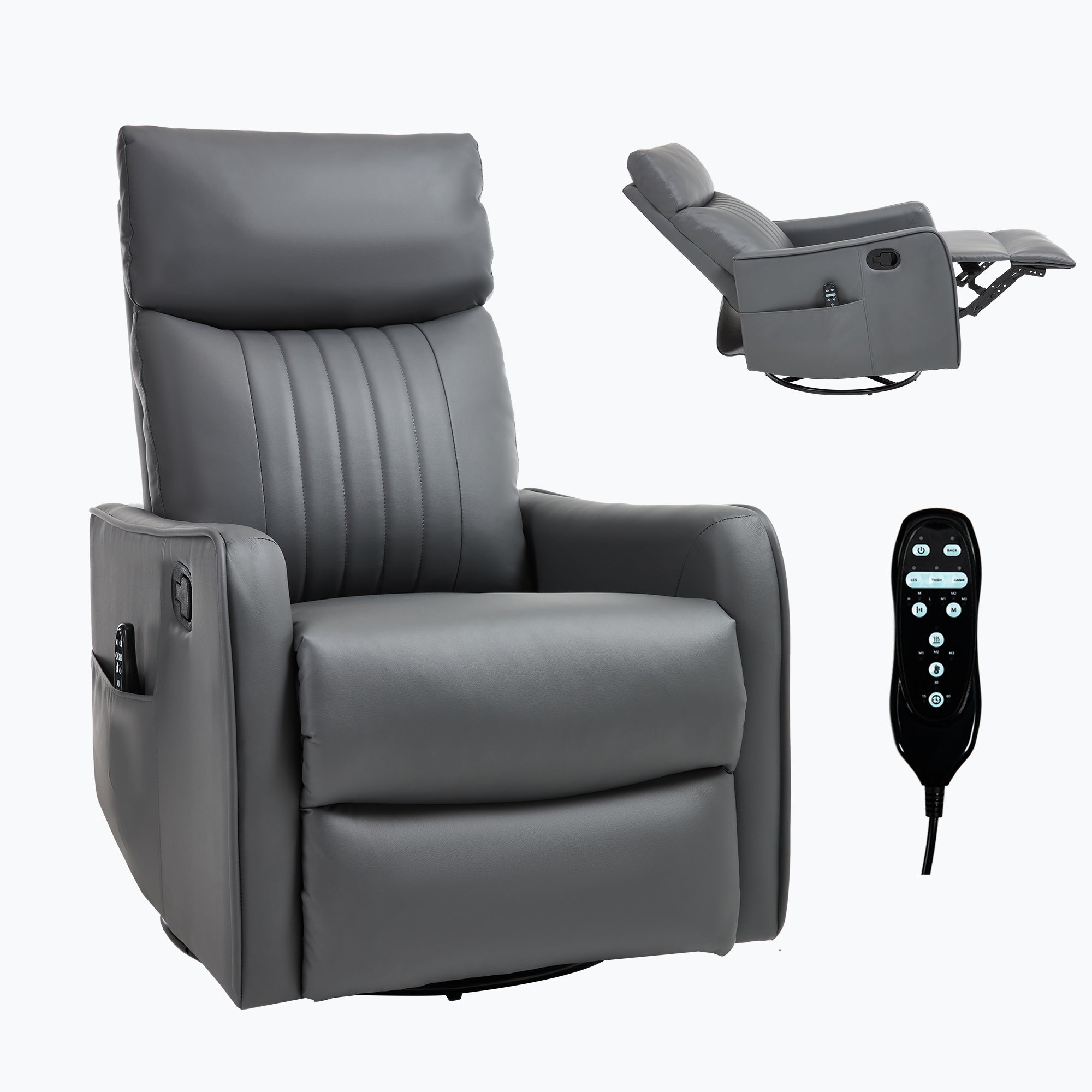 Grey Faux Leather Heat Massage Manual Recliner Chair with Rocker and Swivel for Living Room