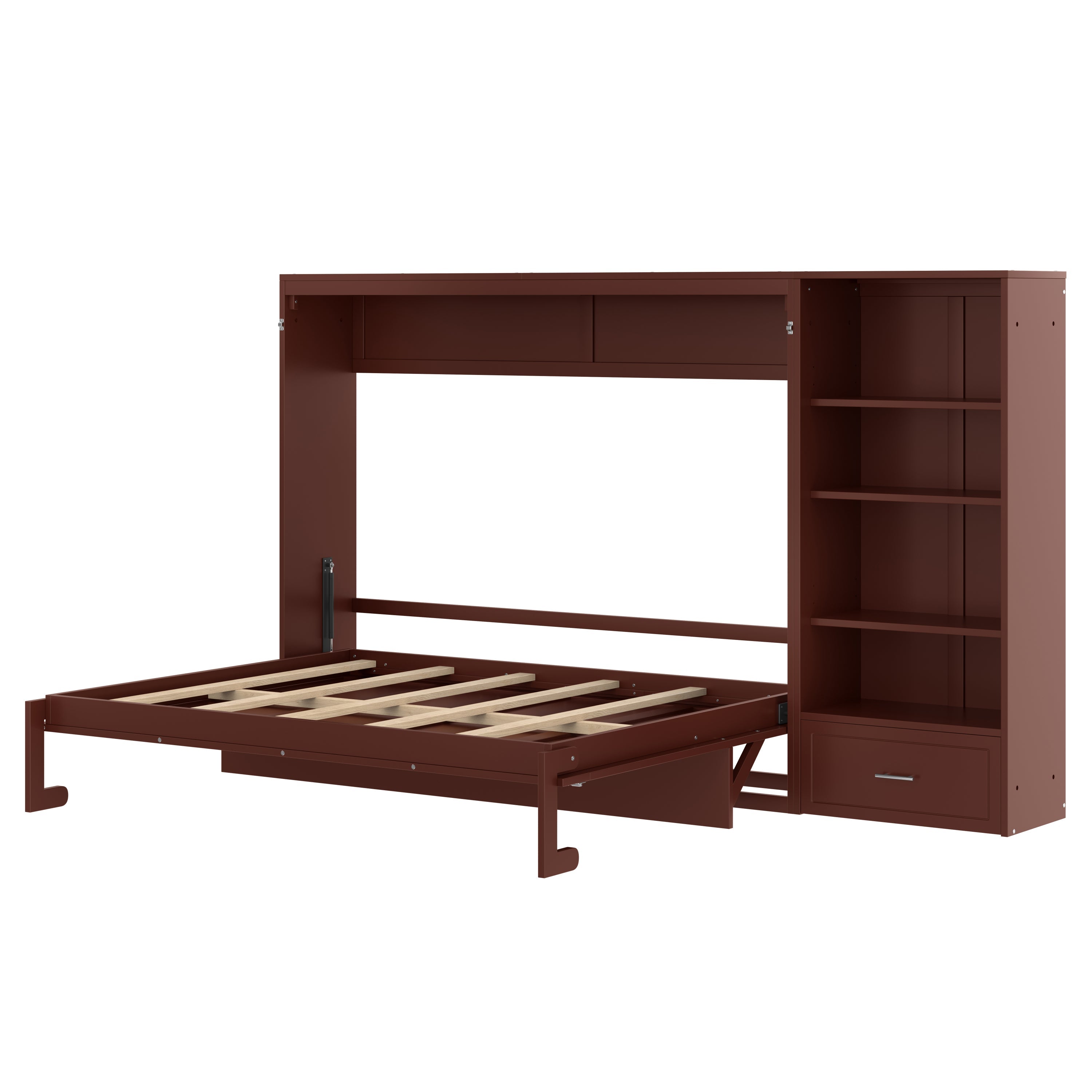 Queen Size Murphy Bed with Height Adjustable Storage Compartments and Shelf, Wall Bed Frame With 1 Drawer, Multifunctional Foldable Platform Bed for Small Space,Bedroom,Guest Room, Walnut